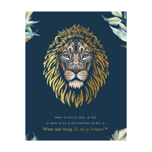 Christelijke poster A4 - Want Ik ben de Heer leeuw donkerblauw goudfolie jongen