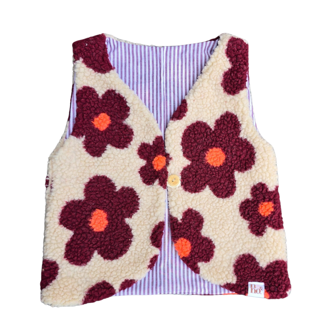 Gilet Mara bodywarmer teddy bloemen aubergine bordeaux beige meisje