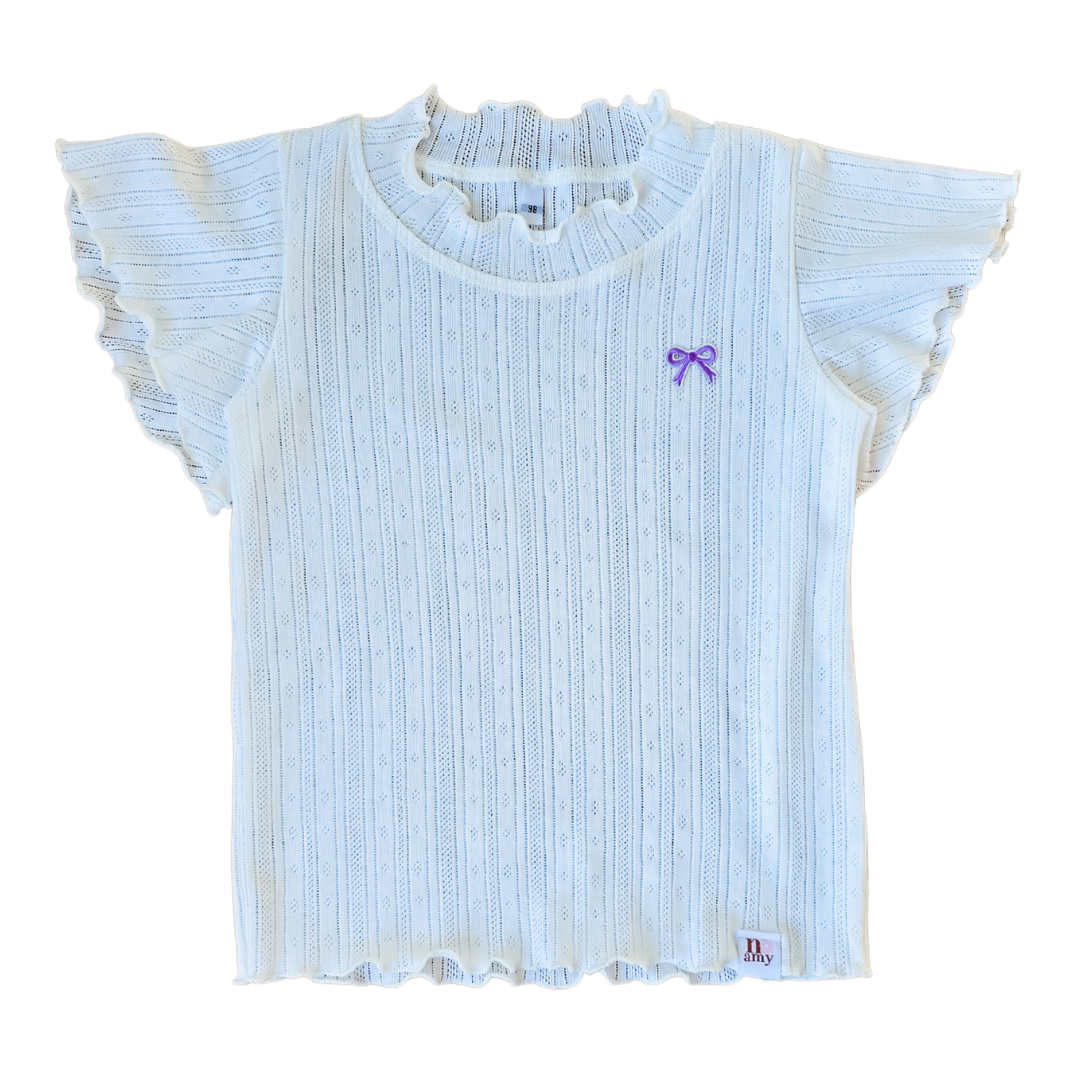 Shirt Eva pointelle ecru wit strikje vlindermouw meisje